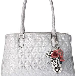 Guess Silver Metallic Tabbi Satchel with Charms 80's graffiti Lining